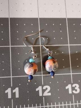 Handmade Orange Floral Bead Drop Earrings with Turquoise and Navy Accents